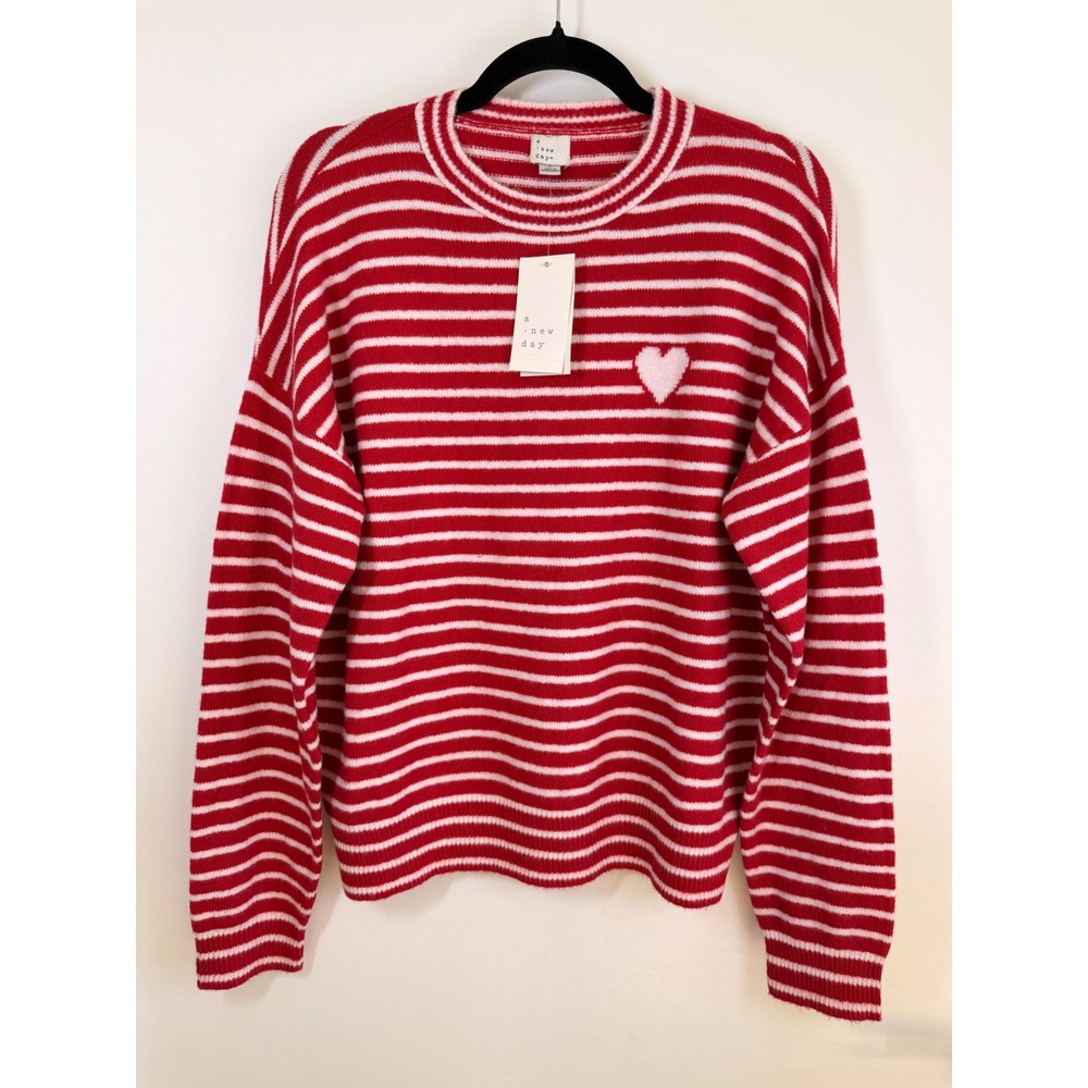 A New Day Sweater Womens Medium Red White NWT Striped Heart Valentine Pullover